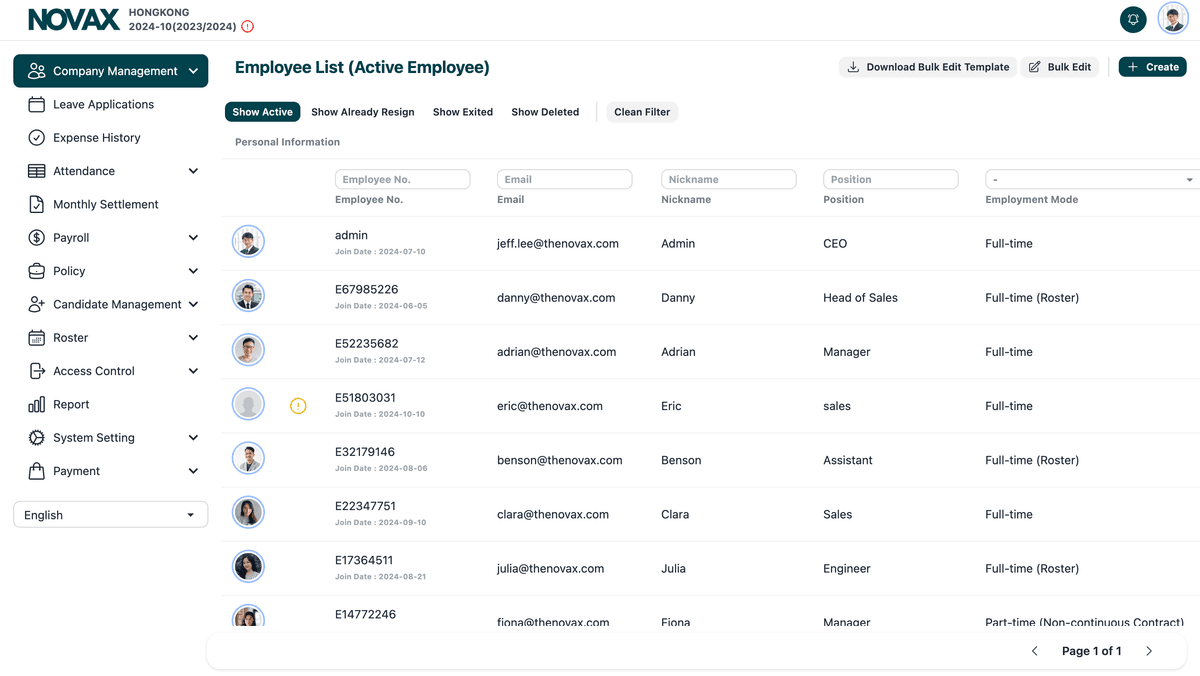NOVAX AI Business Agent Dashboard showing employee roster management interface with scheduling and attendance tracking features