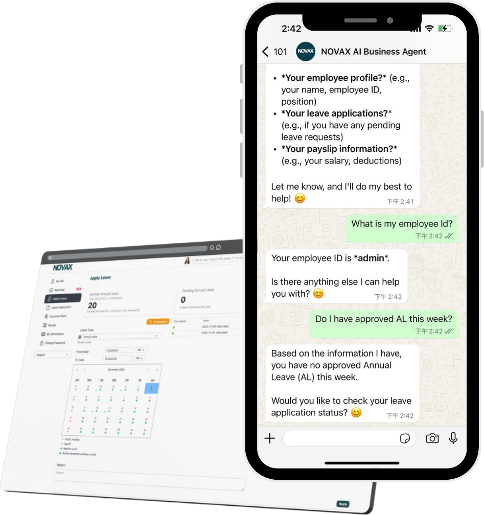 Website Graph Design (4) 智慧型手機顯示與香港 AI 業務代理就員工休假進行的聊天,而筆記型電腦則顯示員工休假管理儀表板。. 香港AI