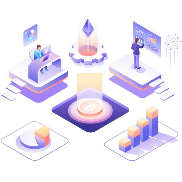 enterprise 人物分析資料圖表的等距插圖,以 Bitcoin 和 Ethereum 等加密貨幣符號為特色,並在圖表和數位介面元件中整合了香港 AI 元素。. 香港AI