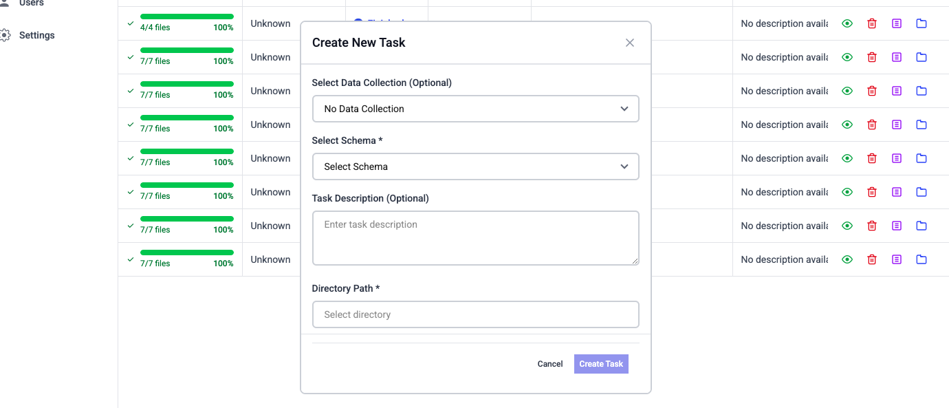 標示為「建立新任務」的彈出視窗會覆蓋網頁儀表板，顯示資料收集、模式選擇、任務描述和目錄路徑等欄位，是有效組織香港 AI 專案的理想選擇。. 香港AI