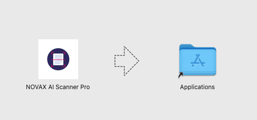 標有「NOVAX AI Scanner Pro」的圖示以箭頭指向灰色背景上的藍色「應用程式」資料夾，突顯其香港 AI 技術。. 香港AI
